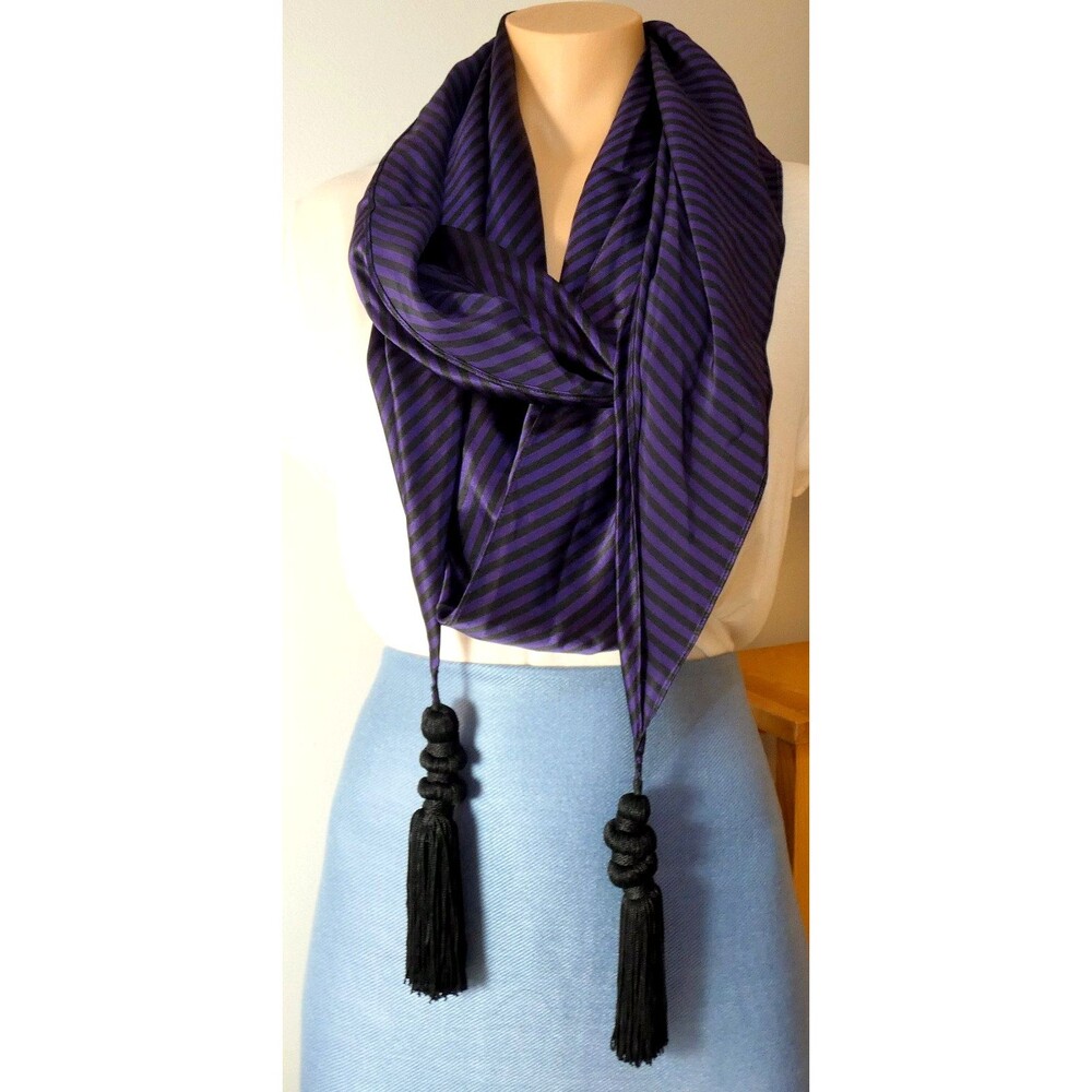 Ellen Tracy Linda Allard Silk Scarf  Stripe Purple Black  12"x132"  Long Tassels